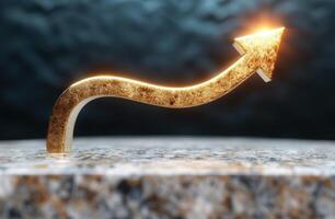 Glowing golden arrow pointing upwards against a dark background photo