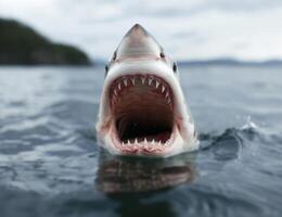 Fearsome shark with open jaws emerging from the ocean photo