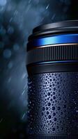 Close up of a camera lens with water droplets photo