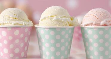 Delicious ice cream scoops in polka dot cups photo