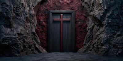 Mysterious religious door in dark cave photo