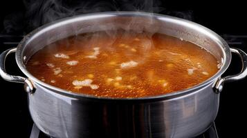 Steaming pot of homemade soup or stew photo