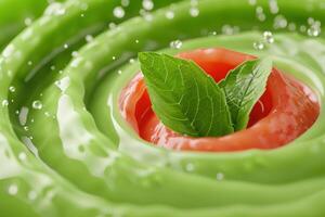 Fresh tomato with green leaf on blurred nature background photo
