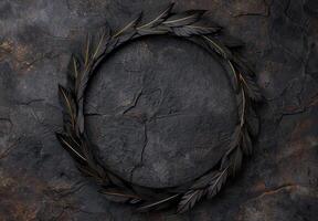 dark feather wreath on slate background photo