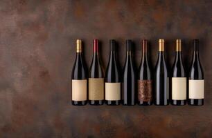 Assortment of premium red wine bottles on rustic background photo
