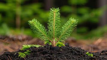 young pine tree growing in soil photo