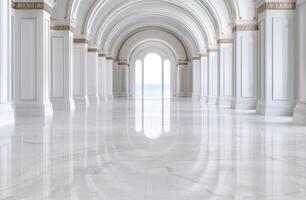 Elegant and ornate interior architecture with marble floors and arched windows photo