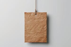 Blank brown paper tag hanging on string photo
