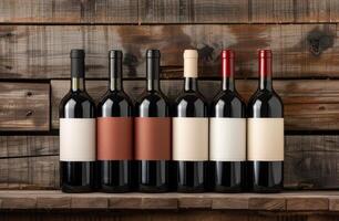 Assortment of red wine bottles on wooden shelves photo