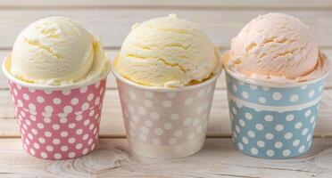 Delicious colorful ice cream scoops in polka dot cups photo