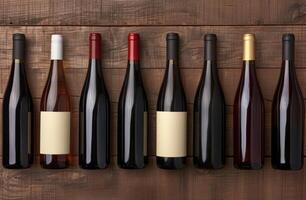 Assortment of wine bottles on wooden background photo