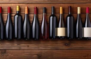 Assortment of red and white wine bottles on wooden shelves photo