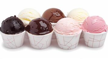 Assortment of colorful ice cream scoops in cups photo