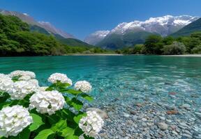 Serene mountain lake with crystal clear waters and lush greenery photo