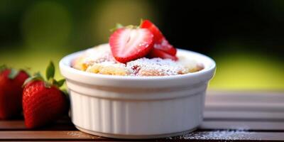 Delicious strawberry dessert with powdered sugar photo
