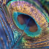 Vibrant peacock feather close up photo