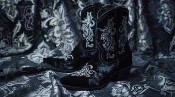 Ornate cowboy boots on patterned fabric photo