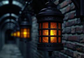 Cozy lantern lighting up a dark winter night photo