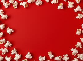 Popcorn frame on red background photo