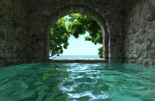 Serene stone arch overlooking tranquil pool and ocean photo