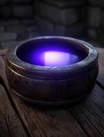 Glowing mystical portal in dark wooden container photo