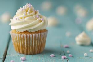 delicious cupcake with creamy frosting and sprinkles photo