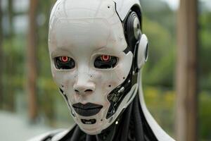 Futuristic robot face with glowing red eyes photo