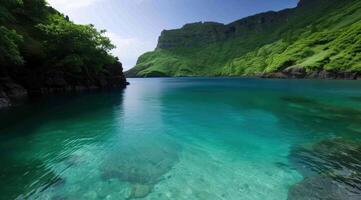 Serene mountain lake with crystal clear turquoise waters photo