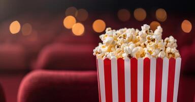 Delicious popcorn in a striped box with blurred lights in the background photo