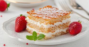 Delicious layered dessert with powdered sugar and fresh strawberries photo