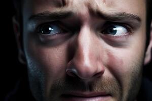 Intense facial expression of a person with dark eyes and a beard photo