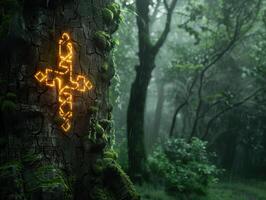 Glowing symbol on moss covered tree in mysterious forest photo