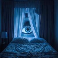 Mysterious eye peeking through curtains in dark bedroom photo