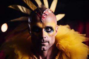 Dramatic portrait of a person with colorful face paint and feathers photo
