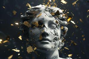 Broken marble statue with golden fragments photo