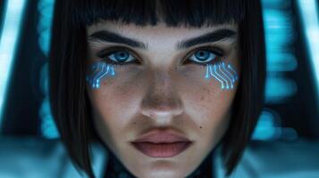 futuristic woman with glowing eyes and circuit board patterns photo