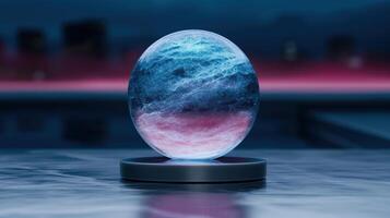 Futuristic crystal ball floating on water photo