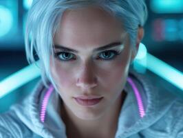 Futuristic woman with intense blue eyes photo