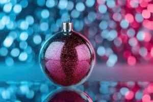 Sparkling christmas ornament on reflective surface photo