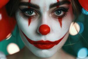 Dramatic portrait of a clown with tears and a red nose photo