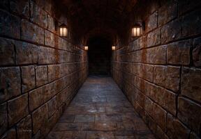 Mysterious stone corridor with lanterns photo