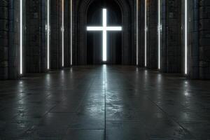 Dramatic religious cathedral interior with cross of light photo