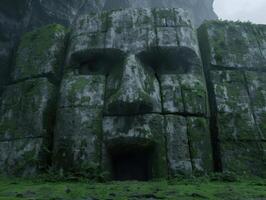Mysterious ancient stone face in lush jungle environment photo