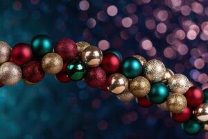 Festive holiday ornaments with glittering bokeh background photo