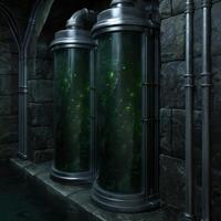 Mysterious glowing containers in a dark dungeon like setting photo