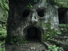 Mysterious moss covered stone face in dark forest photo
