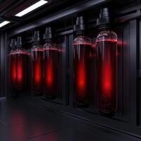 Futuristic storage containers with glowing red liquid photo