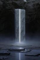 Glowing waterfall in dark cave photo