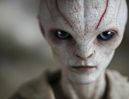 Mysterious alien face with glowing eyes photo