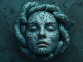 mysterious face of a stone statue photo